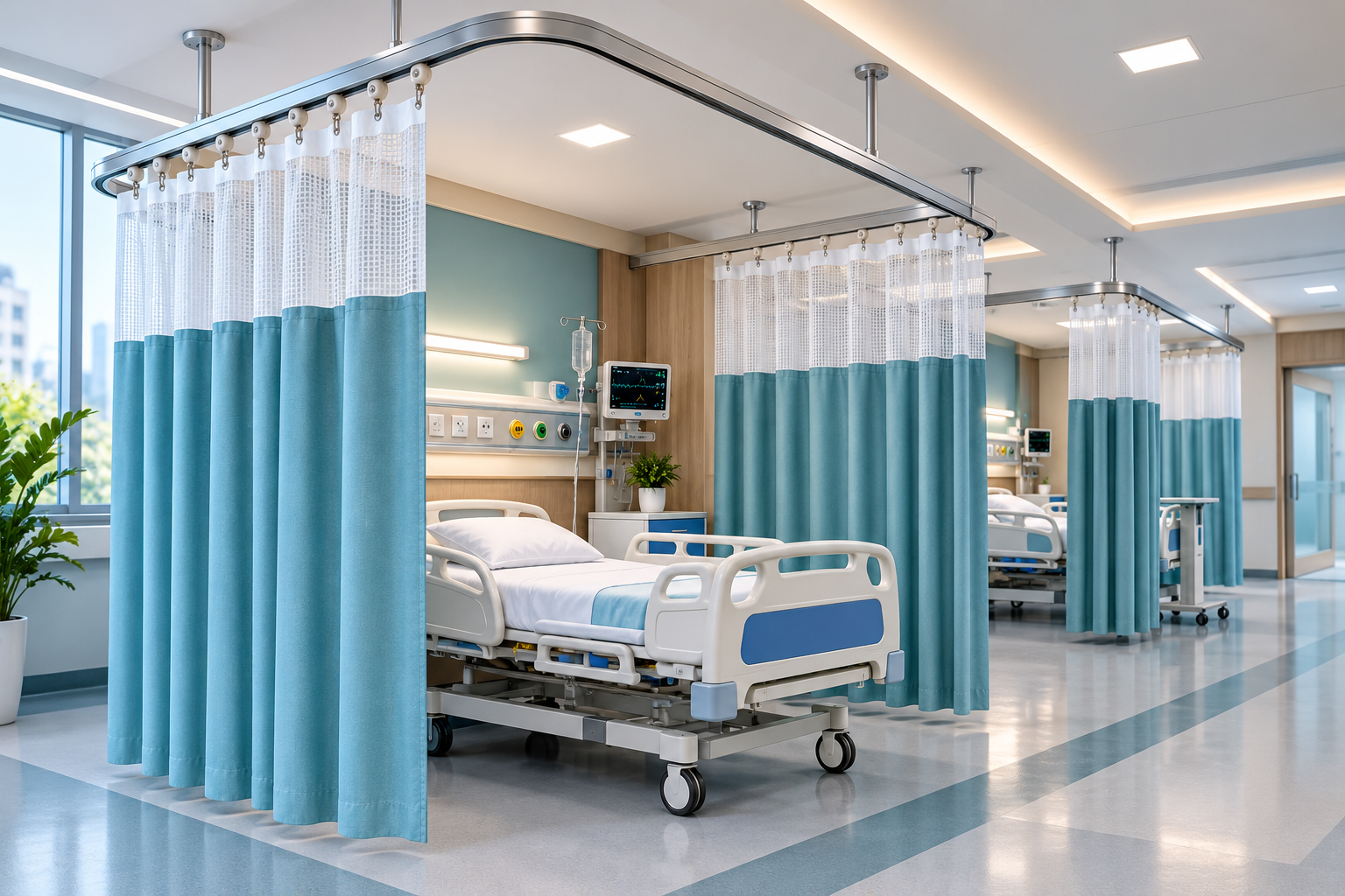 Hospital ward fitted with privacy curtain system