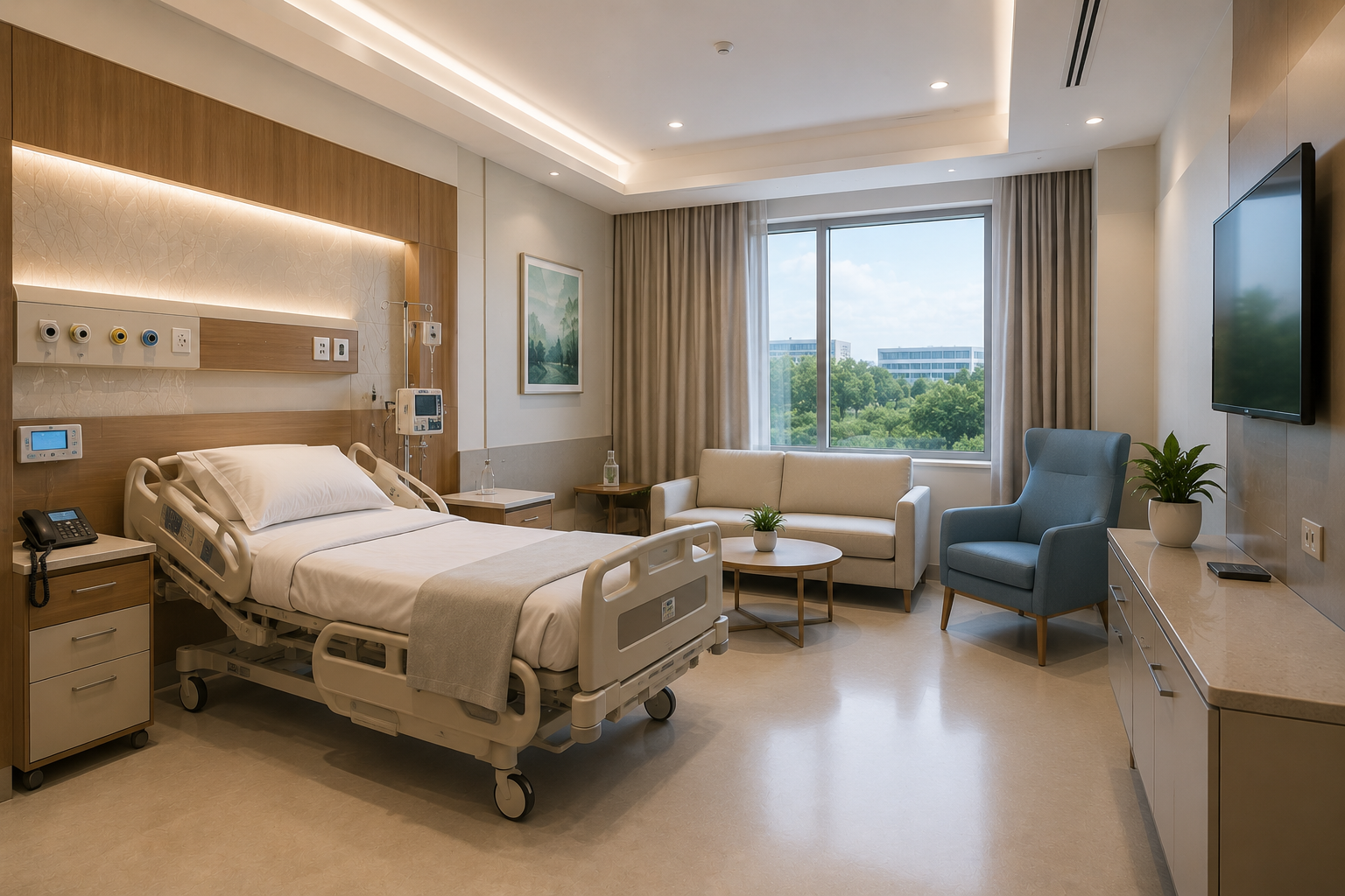 Modern private hospital room interior design by Laxair