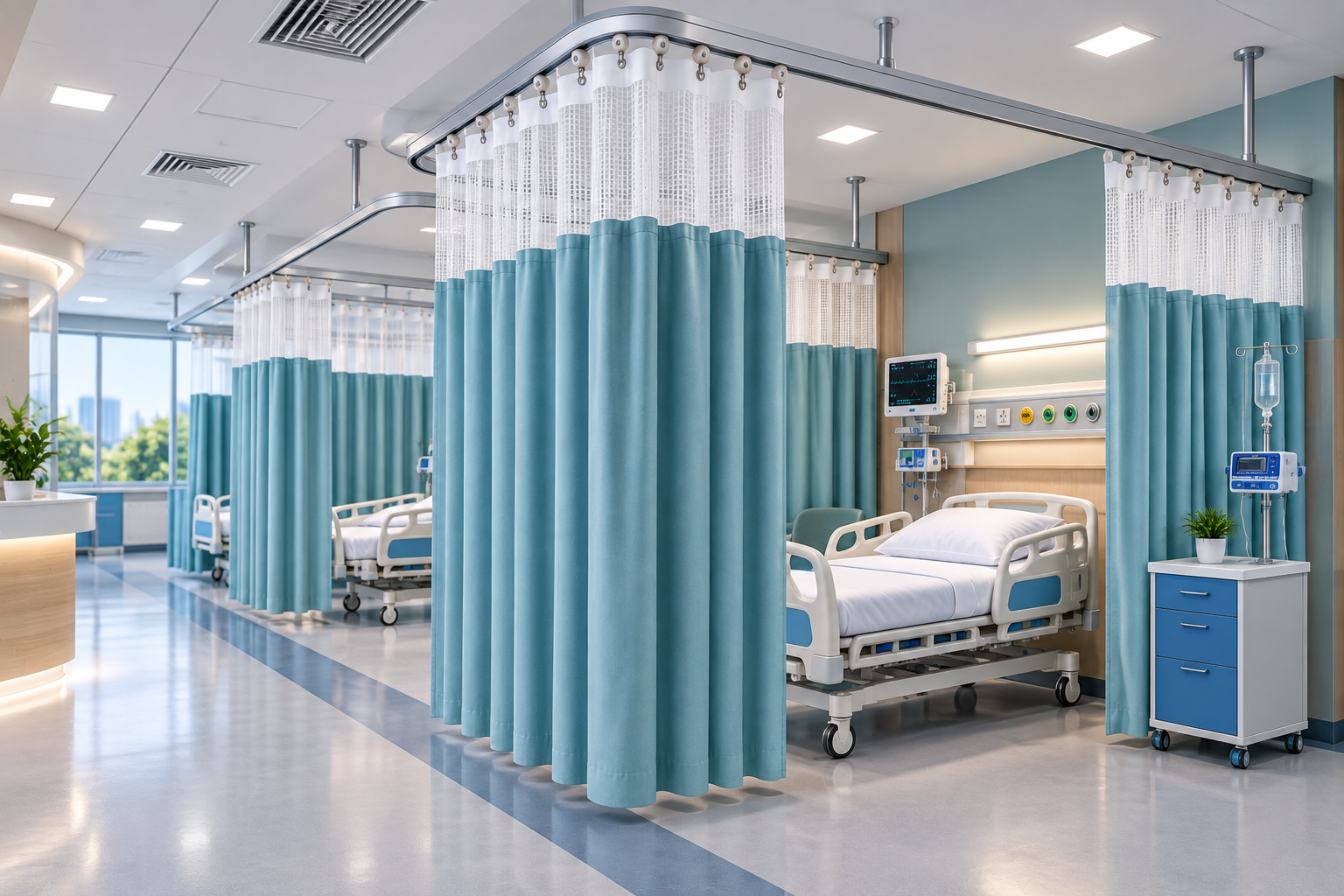 Hospital privacy curtain system installed in a patient cubicle